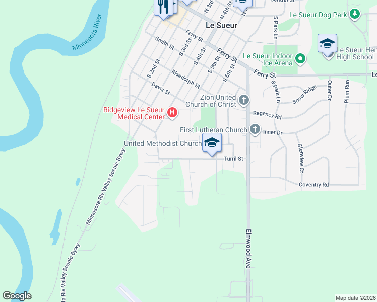 map of restaurants, bars, coffee shops, grocery stores, and more near 529 Turril Street in Le Sueur