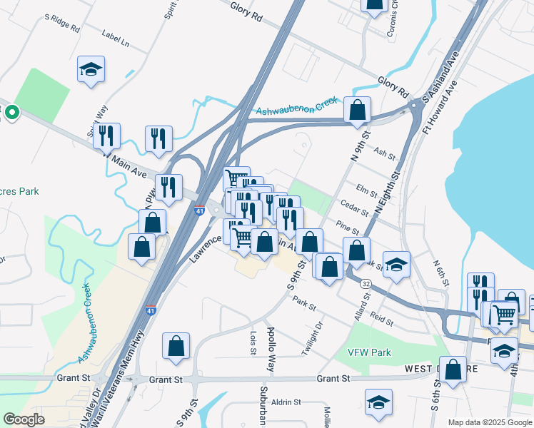 map of restaurants, bars, coffee shops, grocery stores, and more near 121 North 10th Street in De Pere