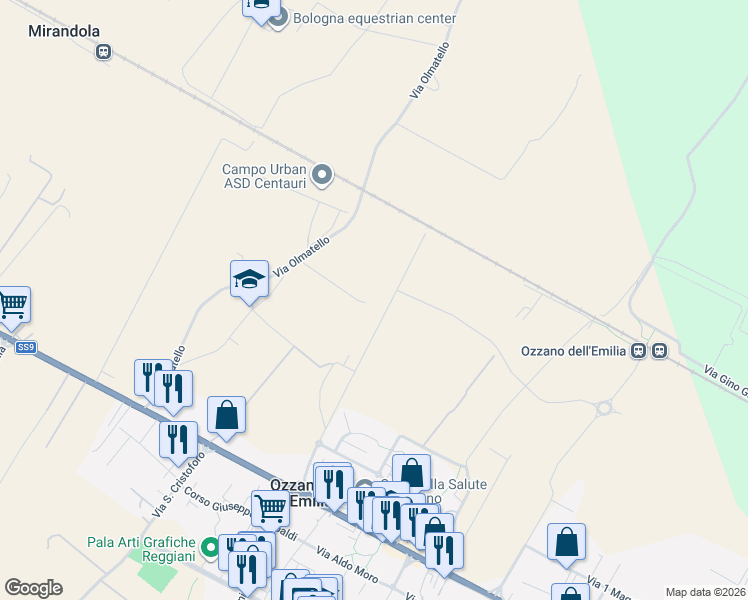 map of restaurants, bars, coffee shops, grocery stores, and more near 25 Via Ambiente in Città Metropolitana di Bologna