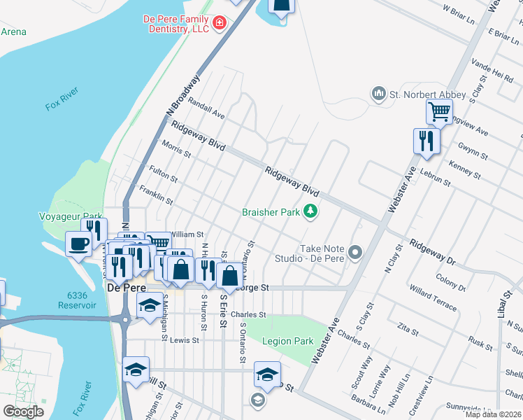 map of restaurants, bars, coffee shops, grocery stores, and more near 626 North Ontario Street in De Pere