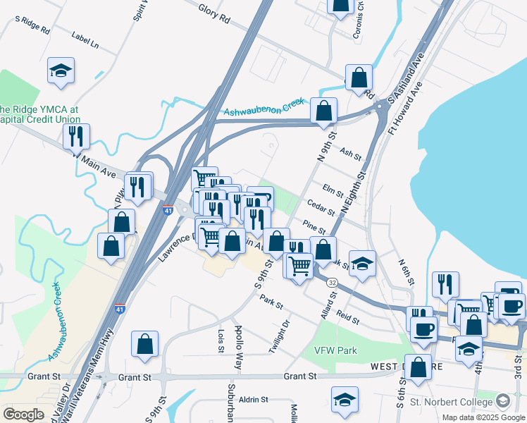 map of restaurants, bars, coffee shops, grocery stores, and more near 248-298 North 10th Street in De Pere