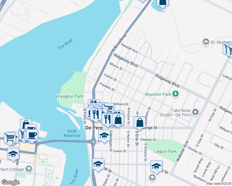 map of restaurants, bars, coffee shops, grocery stores, and more near 448 North Michigan Street in De Pere