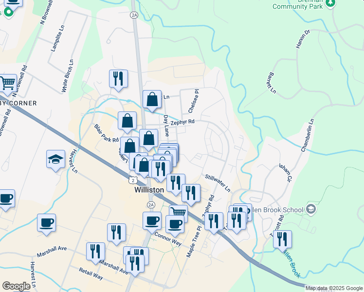 map of restaurants, bars, coffee shops, grocery stores, and more near 97 Madison Drive in Williston