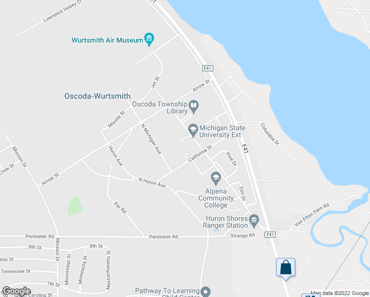 map of restaurants, bars, coffee shops, grocery stores, and more near 5761 North Skeel Avenue in Oscoda