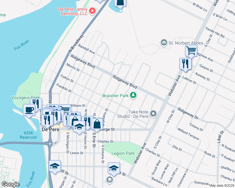 map of restaurants, bars, coffee shops, grocery stores, and more near 626 North Ontario Street in De Pere