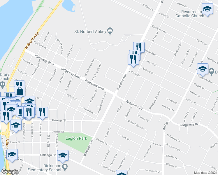 map of restaurants, bars, coffee shops, grocery stores, and more near 1327 Ridgeway Boulevard in De Pere