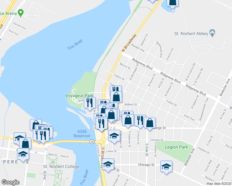 map of restaurants, bars, coffee shops, grocery stores, and more near 432 North Wisconsin Street in De Pere