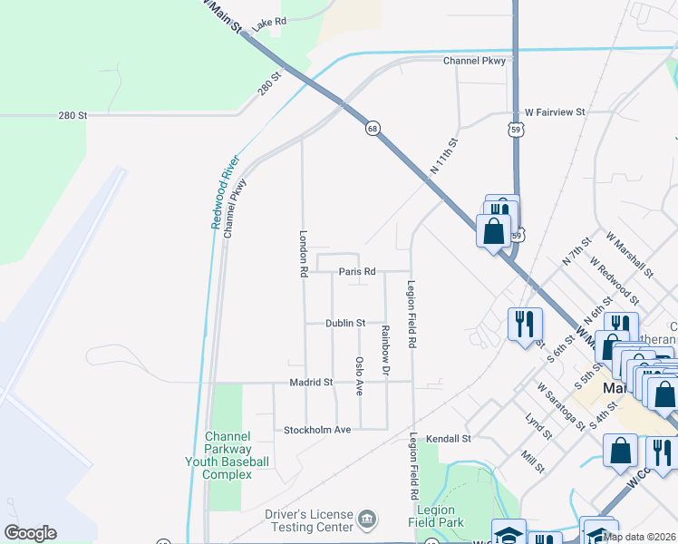 map of restaurants, bars, coffee shops, grocery stores, and more near 1107 Paris Road in Marshall