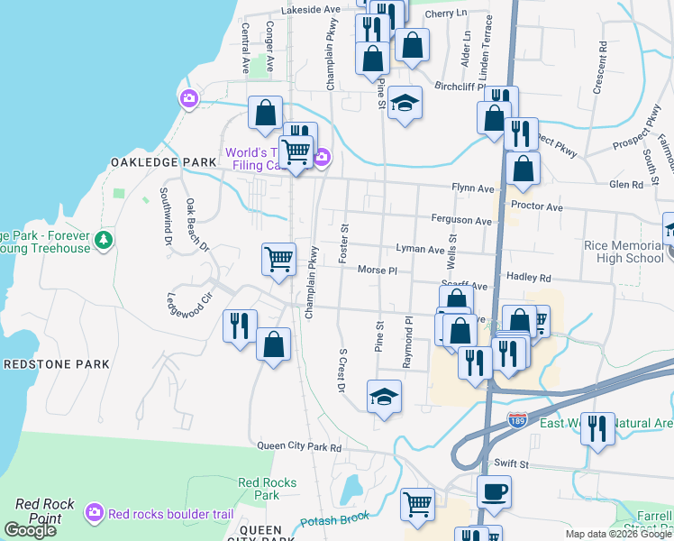 map of restaurants, bars, coffee shops, grocery stores, and more near 111 Foster Street in Burlington