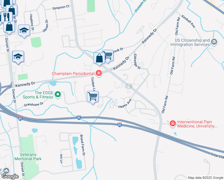 map of restaurants, bars, coffee shops, grocery stores, and more near 96 Chelsea Circle in South Burlington