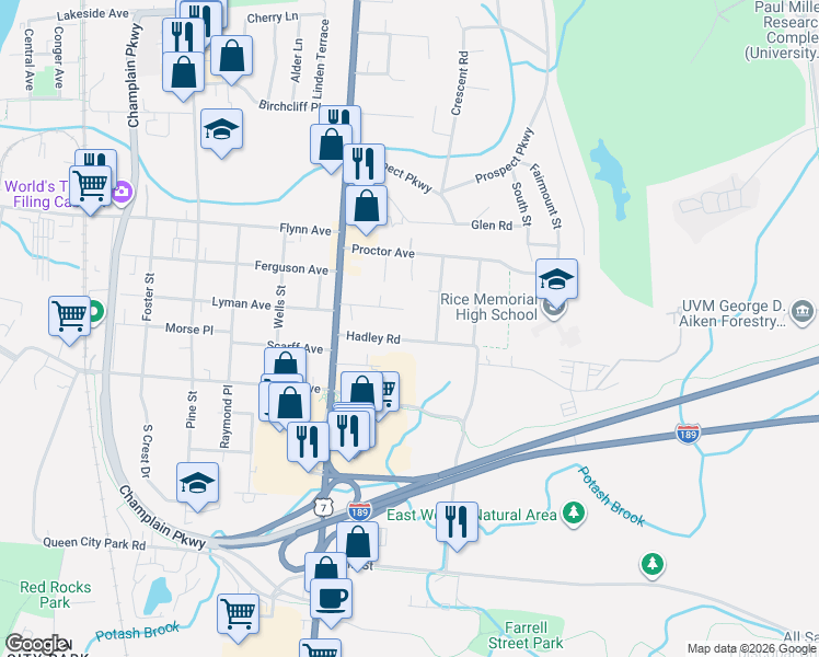 map of restaurants, bars, coffee shops, grocery stores, and more near 70 Hadley Rd in South Burlington