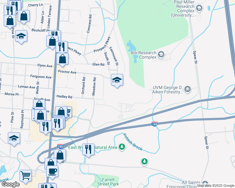 map of restaurants, bars, coffee shops, grocery stores, and more near 99 Proctor Avenue in South Burlington