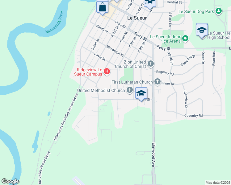 map of restaurants, bars, coffee shops, grocery stores, and more near 417 Turril Street in Le Sueur