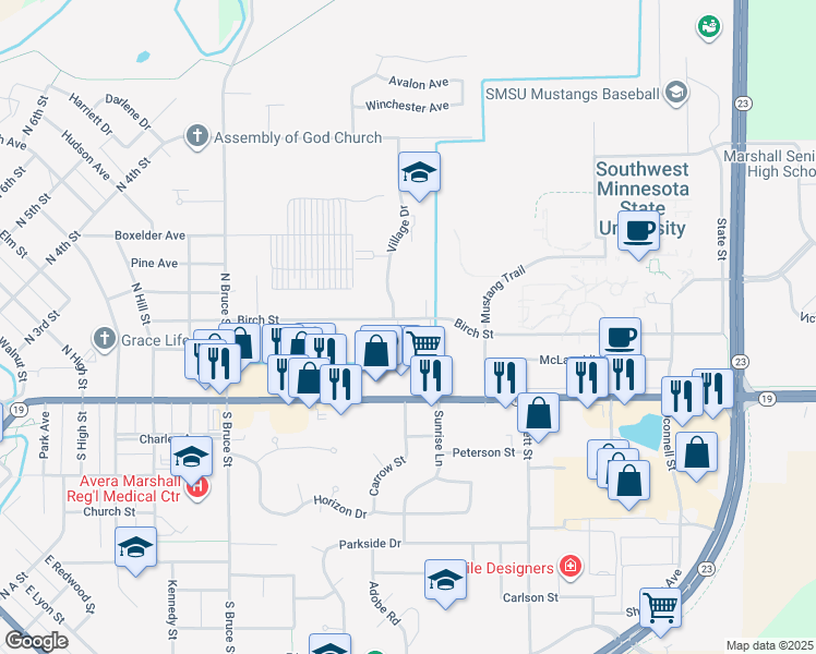 map of restaurants, bars, coffee shops, grocery stores, and more near 1300 Birch Street in Marshall
