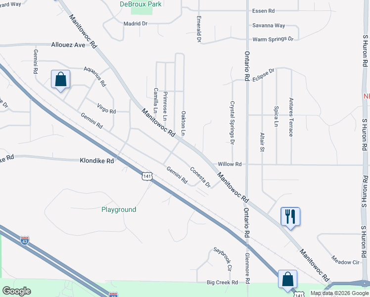 map of restaurants, bars, coffee shops, grocery stores, and more near 2994 Manitowoc Road in Green Bay