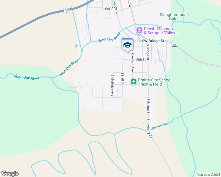 map of restaurants, bars, coffee shops, grocery stores, and more near 1053 South McHaley Avenue in Prairie City