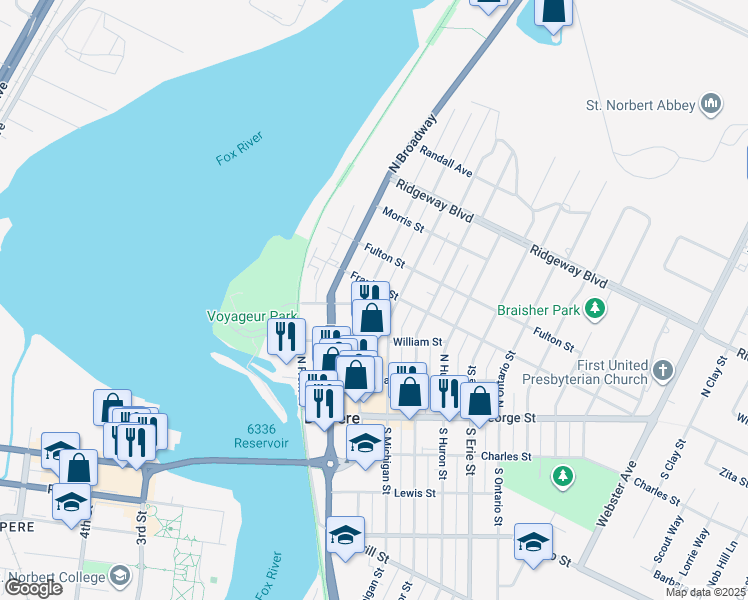 map of restaurants, bars, coffee shops, grocery stores, and more near 432 North Wisconsin Street in De Pere