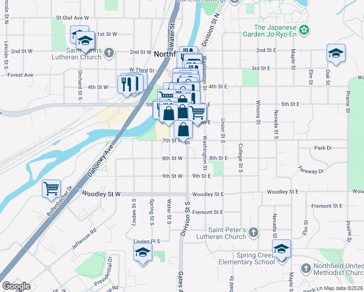 map of restaurants, bars, coffee shops, grocery stores, and more near 700 Division Street South in Northfield
