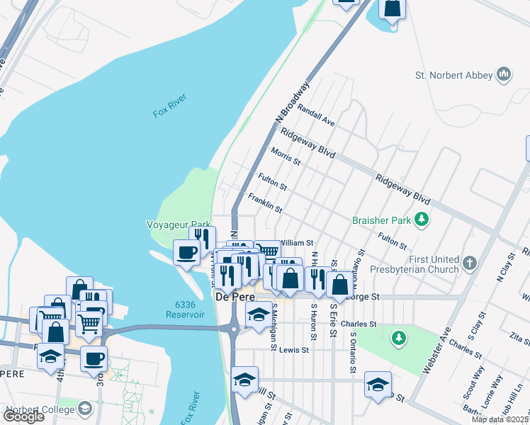 map of restaurants, bars, coffee shops, grocery stores, and more near 432 North Wisconsin Street in De Pere