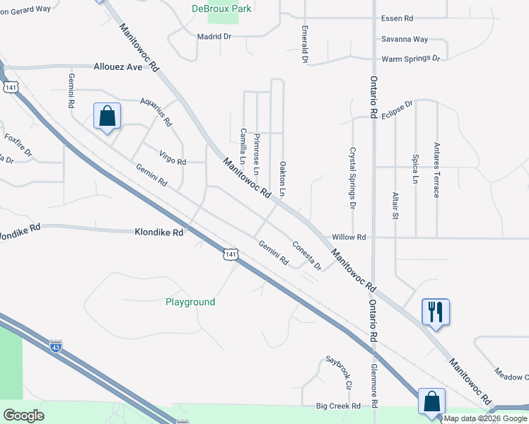 map of restaurants, bars, coffee shops, grocery stores, and more near 2865 Conesta Drive in Green Bay
