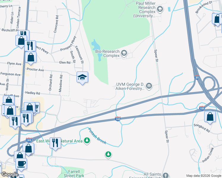 map of restaurants, bars, coffee shops, grocery stores, and more near 69G Joy Drive in South Burlington