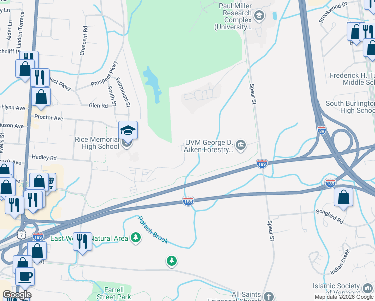 map of restaurants, bars, coffee shops, grocery stores, and more near 69G Joy Drive in South Burlington