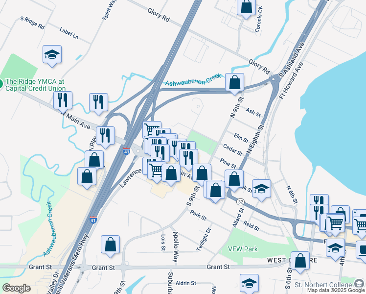 map of restaurants, bars, coffee shops, grocery stores, and more near 248 North 10th Street in De Pere
