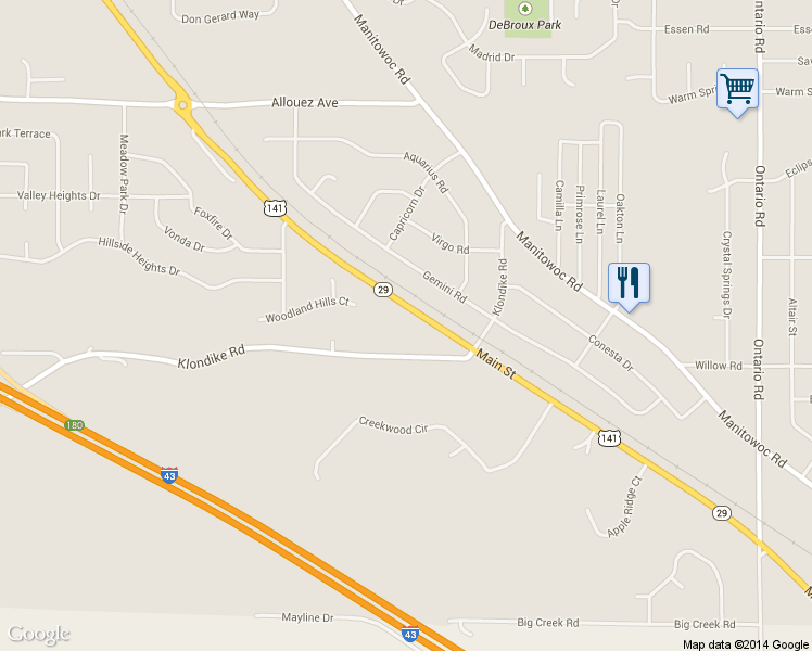 map of restaurants, bars, coffee shops, grocery stores, and more near 2822 Main Street in Green Bay