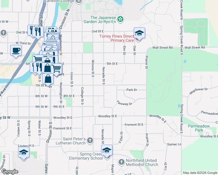 map of restaurants, bars, coffee shops, grocery stores, and more near 612 7th Street East in Northfield