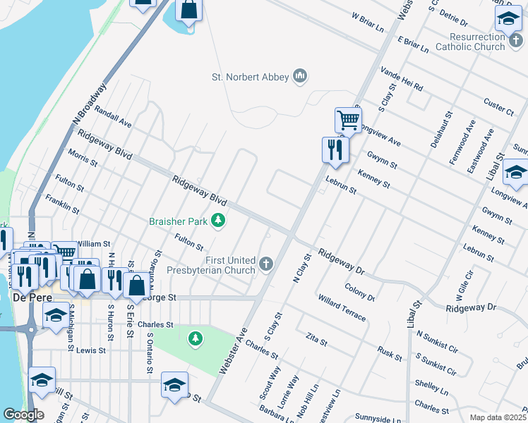 map of restaurants, bars, coffee shops, grocery stores, and more near in De Pere