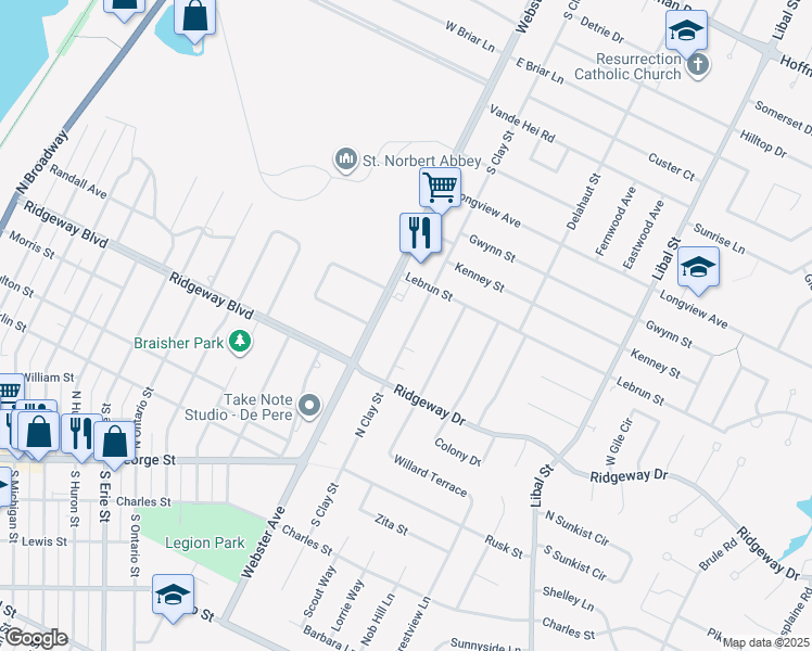 map of restaurants, bars, coffee shops, grocery stores, and more near 835 North Clay Street in De Pere