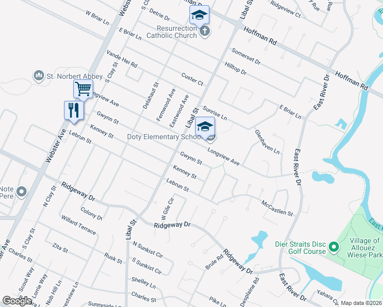 map of restaurants, bars, coffee shops, grocery stores, and more near 533 Gwynn Street in Green Bay