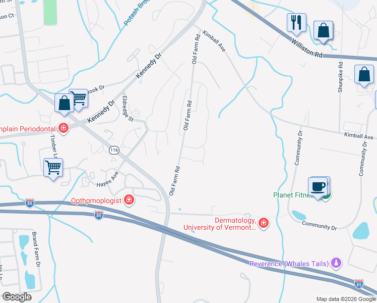 map of restaurants, bars, coffee shops, grocery stores, and more near 150 Old Farm Rd in South Burlington