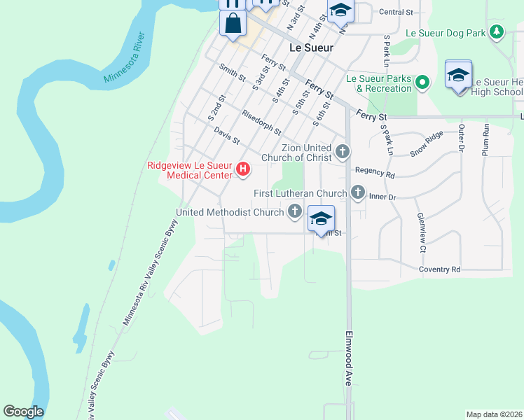 map of restaurants, bars, coffee shops, grocery stores, and more near 409 Turril Street in Le Sueur
