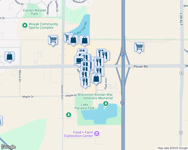 map of restaurants, bars, coffee shops, grocery stores, and more near 3038 Village Park Drive in Plover
