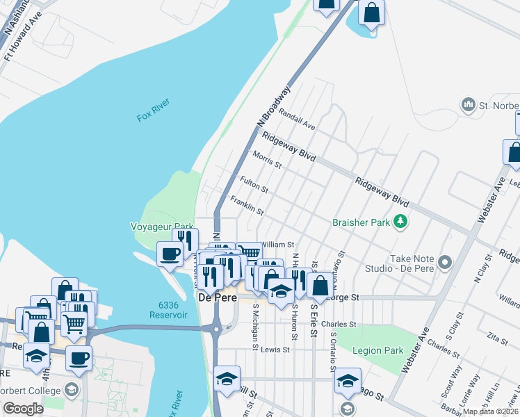 map of restaurants, bars, coffee shops, grocery stores, and more near 448 North Michigan Street in De Pere