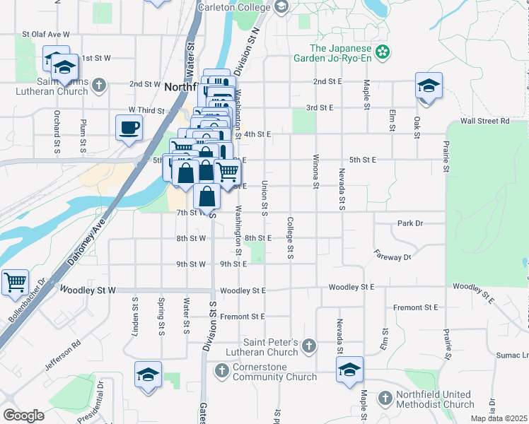 map of restaurants, bars, coffee shops, grocery stores, and more near 300 7th Street East in Northfield