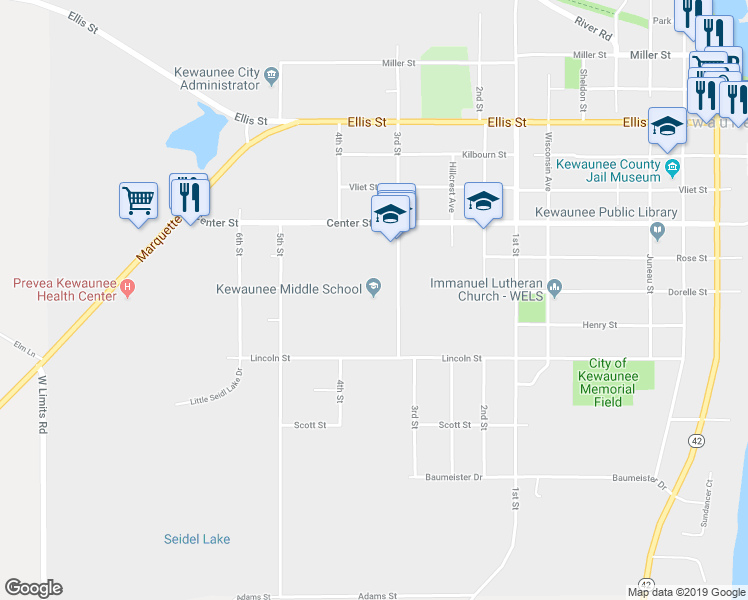 map of restaurants, bars, coffee shops, grocery stores, and more near 911 3rd Street in Kewaunee