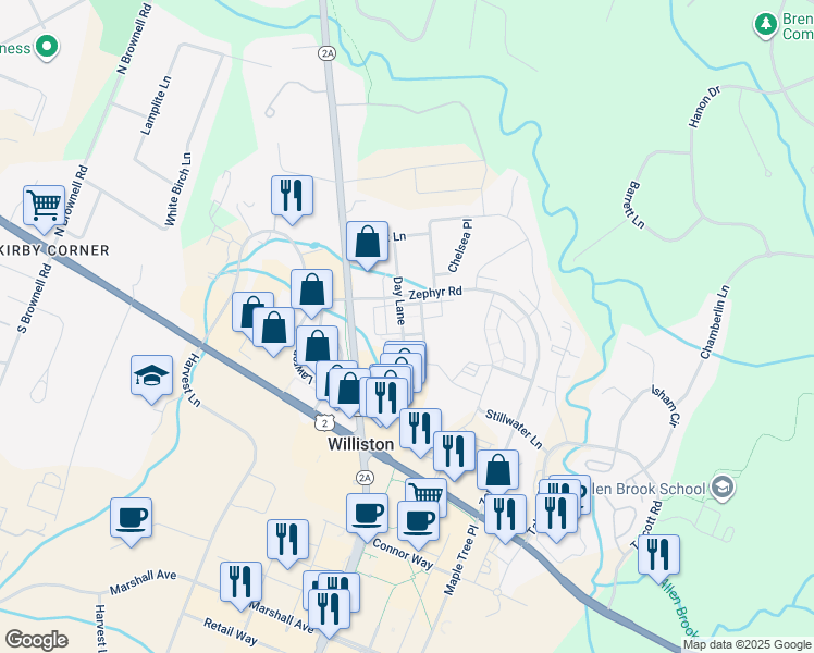 map of restaurants, bars, coffee shops, grocery stores, and more near 97 Madison Drive in Williston