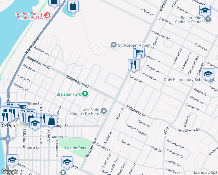 map of restaurants, bars, coffee shops, grocery stores, and more near 1327 Ridgeway Boulevard in De Pere