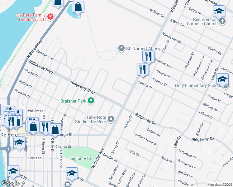 map of restaurants, bars, coffee shops, grocery stores, and more near 1327 Ridgeway Boulevard in De Pere