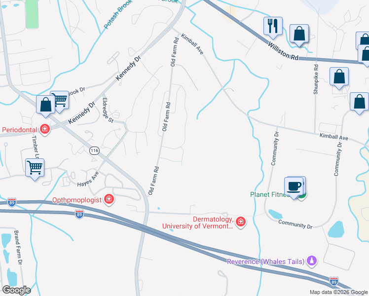 map of restaurants, bars, coffee shops, grocery stores, and more near 150 Old Farm Road in South Burlington