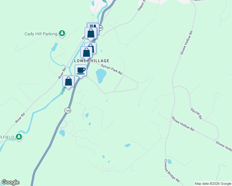 map of restaurants, bars, coffee shops, grocery stores, and more near 563 Sylvan Park Road in Stowe