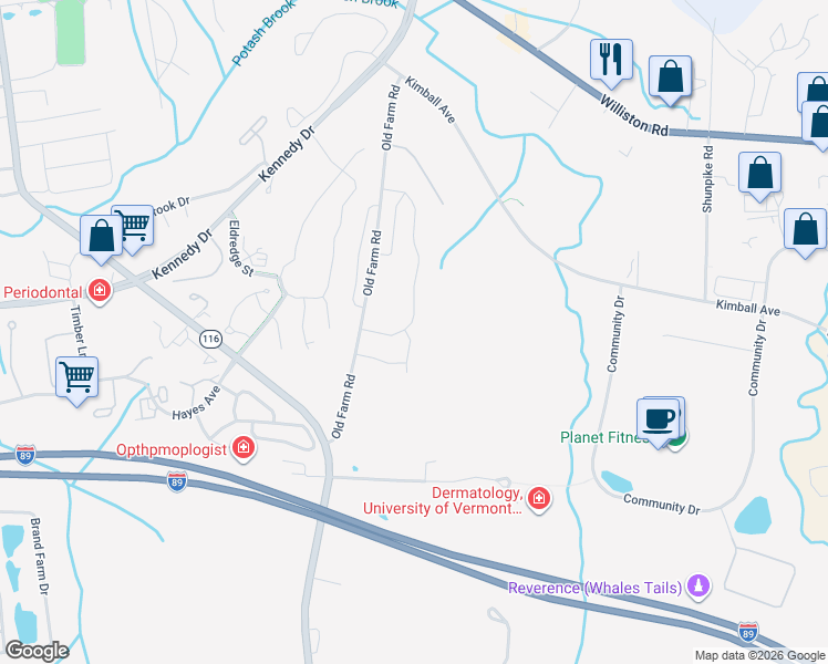 map of restaurants, bars, coffee shops, grocery stores, and more near 150 Old Farm Road in South Burlington