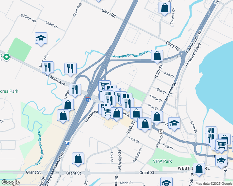 map of restaurants, bars, coffee shops, grocery stores, and more near 121 North 10th Street in De Pere