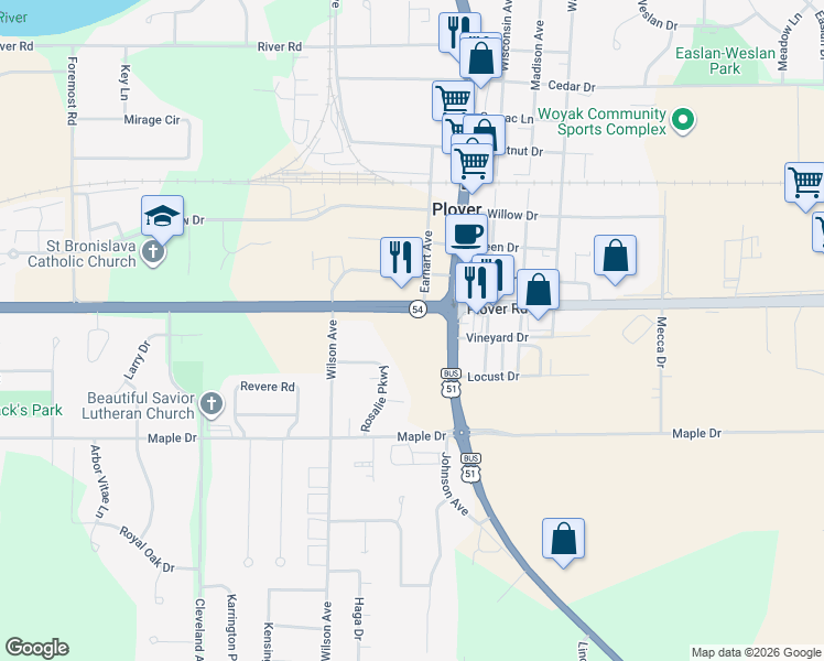 map of restaurants, bars, coffee shops, grocery stores, and more near 3041 Post Road in Plover