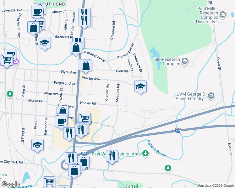 map of restaurants, bars, coffee shops, grocery stores, and more near 39 Meadow Road in South Burlington