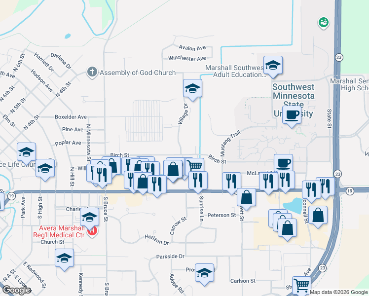 map of restaurants, bars, coffee shops, grocery stores, and more near 400 Village Drive in Marshall