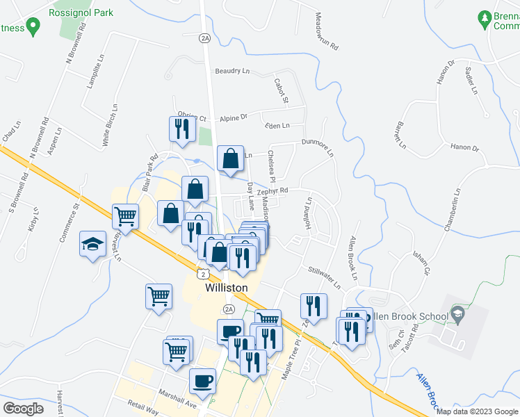map of restaurants, bars, coffee shops, grocery stores, and more near 50 Madison Drive in Williston