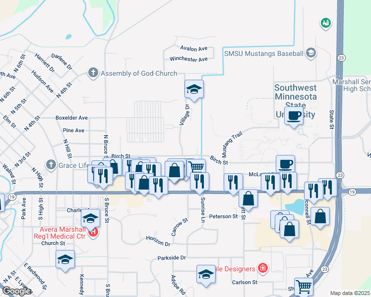 map of restaurants, bars, coffee shops, grocery stores, and more near 400 Village Drive in Marshall